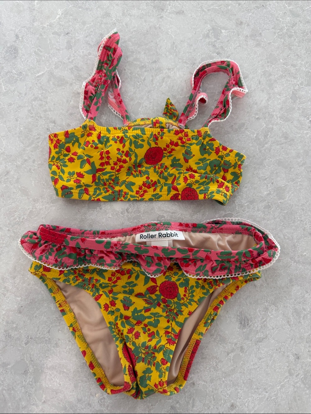 Roller Rabbit Yellow Floral Ruffle Two-Piece Swim Set with Pink Accents
